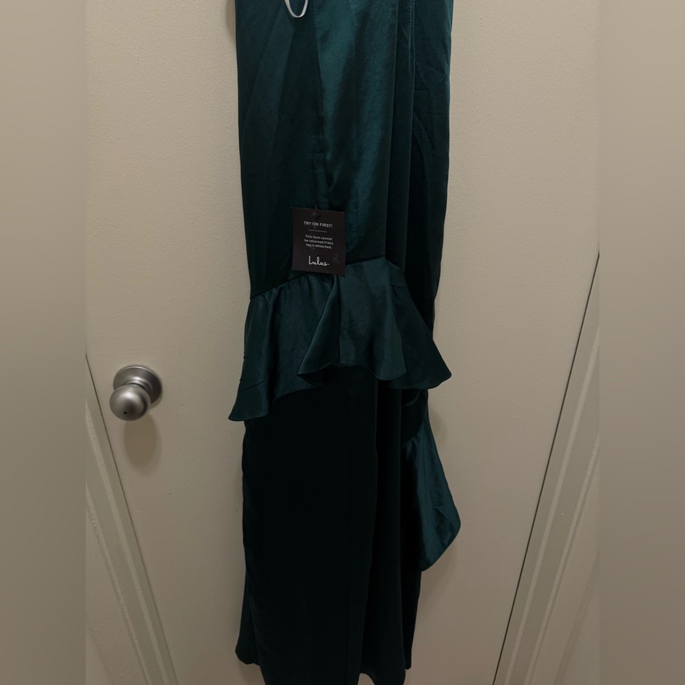 SOLD OUT Lucky Lady Hunter Green Satin Ruffled Maxi Dress - Picture 12 of 12